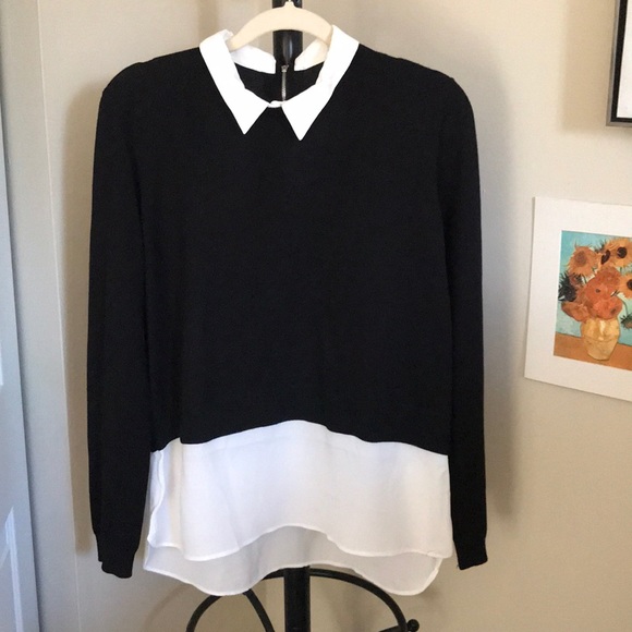 Tops - Black and white collared long sleeve top